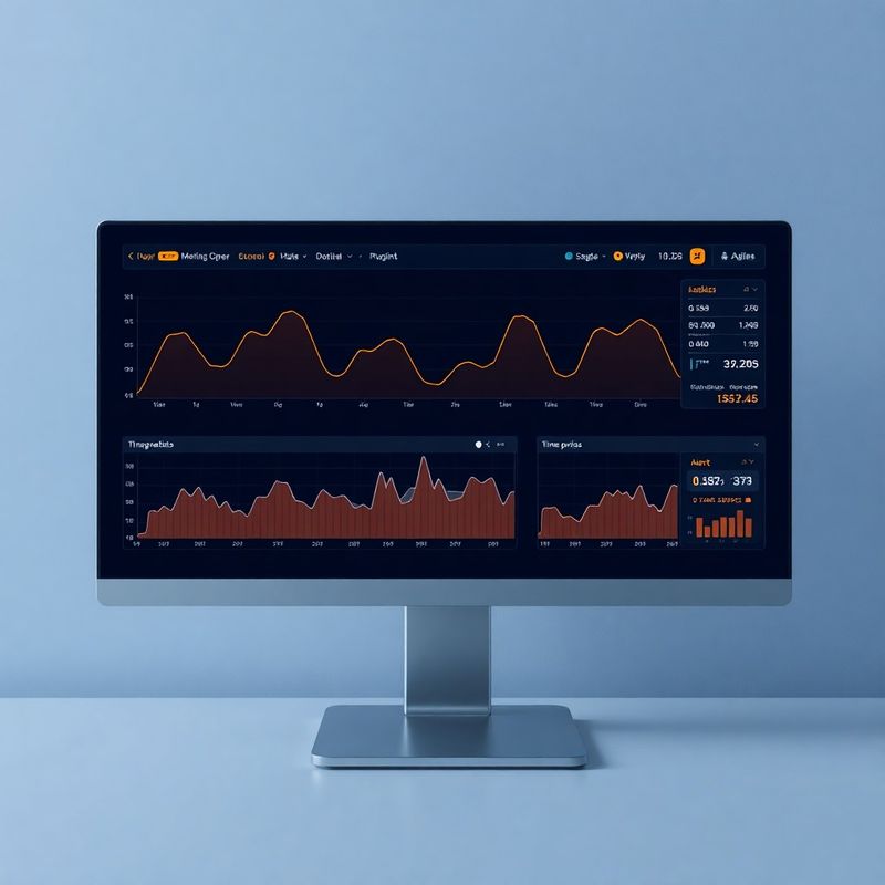 Real-time metrike i vremenske serije na tamnom slate monitoru s upozorenjima u boji jantara