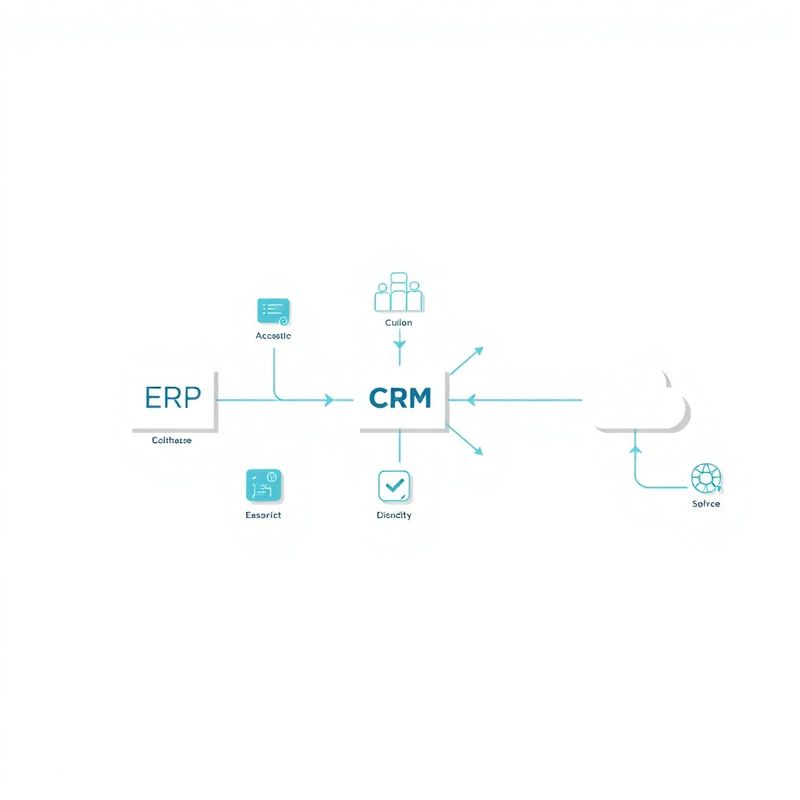 Shematski dijagram integracijskog pipeline-a s ikonama ERP, CRM i cloud servisa povezanih slate-plavim linijama